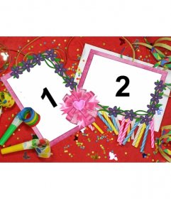 Khung cho hai bức ảnh với họa tiết tiệc sinh nhật, nền đỏ với nến và pháo hoa giấy