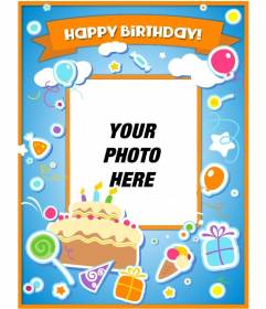 Birthday card to congratulate the birthday and put a picture online with a cake, balloons and gifts with sticker effect