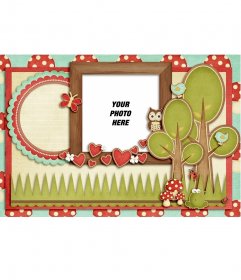 Photo frame with infantile or juvenile drawings with trees and an owl