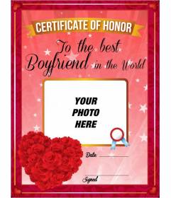 Romantic customizable certificate to the best boyfriend in the world with a heart