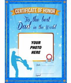 Certificate of honor to the best father in the world. A personalized blue certificate with a photo and text