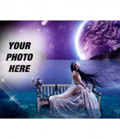 Create a fantasy collage into a dreamscape with the moon and the sea in the background and a picture of yourself melting into the starry sky