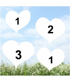 Create a collage of love with hearts with photos of your choice on a background with a photo of a landscape with a blue sky and a field of flowers
