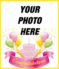 Decorative and festive photo frame with a huge cake and CONGRATULATIONS text