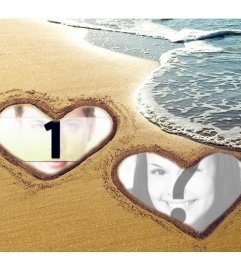 Collage of love with two hearts marked on the sand at the beach