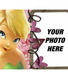 Your picture in a frame behind a fairy blonde short hair and blue eyes. Background made with roses and bright and a chain of hearts