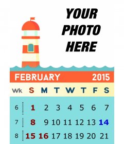 Calendar of February 2015 for the US in blue color with your photo