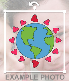 Sticker to decorate your photos with the world surrounded by hearts