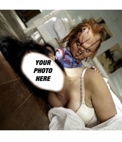 Photomontage with a scene of the movie Chucky where you can be the victim 