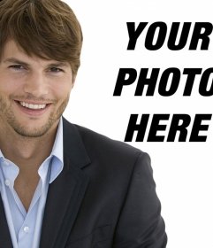 Photomontage with Ashton Kutcher in a suit with stubble and short hair to have a picture with him
