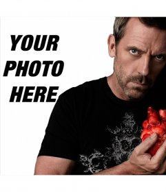Photomontage with Dr. House clutching a heart looking at camera