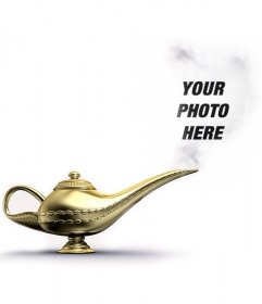 Photomontage with a golden magic lamp which emits smoke where you will put your picture and become the genie