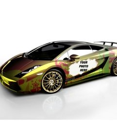 Photomontage of a yellow Lamborghini tuning with red stars and a photo uploaded by you in the drivers door