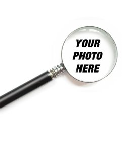 Photomontage with a magnifying glass on the photo you upload online and a white background