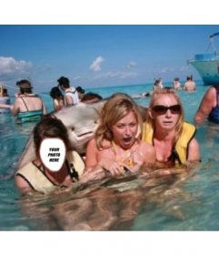 Photomontage with stingray scaring some girls in the sea