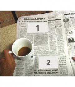 Photomontage with someone reading a newspaper and taking a cup of coffee with two