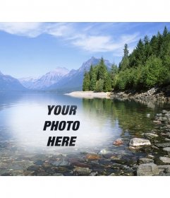 Photomontage to put a photo in the water of a lake or river beside a forest with