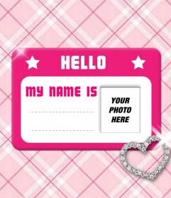 Create collages with a pink business card with stars and a glowing heart in which you can put a picture and full name on a pink fabric