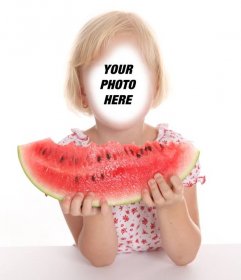 Photomontage of a little blond girl eating a watermelon