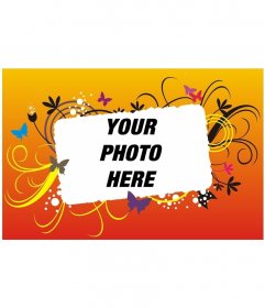 Postcard with orange background and yellow degrades in negative images of different colors representing butterflies, bubbles and ripples surrounding your picture