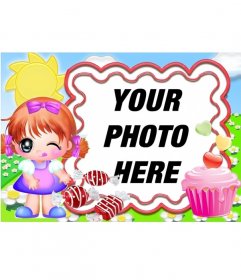 Photo frame for children. Happy child eating candy