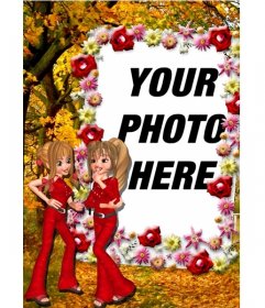 Frame for photos of two friends talking and flower border. Customizable with your photo