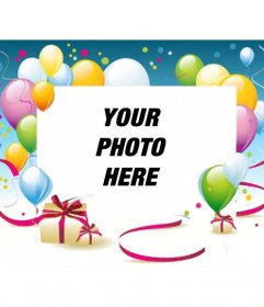 Photo frame with balloons and birthday gifts where you can put your photo