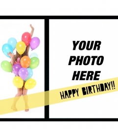 Birthday postcard with a girl covered in colorful balloons and a photo frame where you can place the photo you want