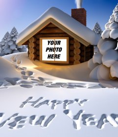 Original new year greeting card written on snow with your photo inside a snow house