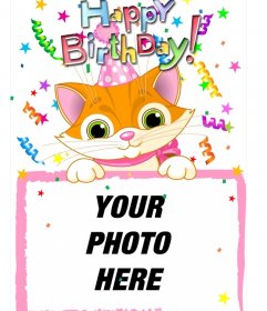 Photo frame which include a photograph, which will subject a cat drawn. Designed for use greeting card birthday