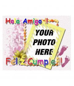 Birthday card charging with colored text Hello Friend Happy Birthday. Ideal for kids birthday congratulations