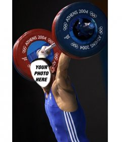 Photomontage to put a face to a weight lifter in a Blue Dress, which is engaged in weightlifting during the Olympics in Athens. To show off, effortlessly lifting over 100 kg