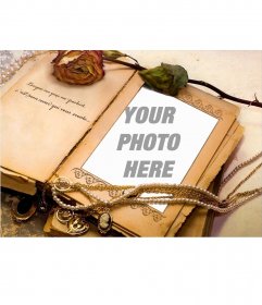 Old book with ornaments and a phrase to add your photo 