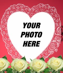 Photomontage consisting of a romantic pink in your photo appears in a heart-shaped frame accompanied by flowers and wrapping paper. Ideal for lovers. To send e-mail this Valentine