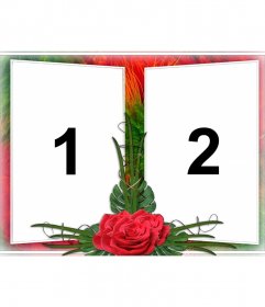 Elegant photo montage with two photographs in a frame of green and red floral motifs