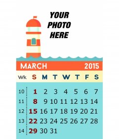 Monthly Calendar of March 2015 for the US with your photo