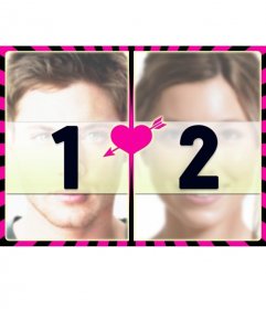 Fuchsia and black frame for two photos with a heart with arrow in the center to create photo collages with your romantic pictures
