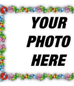 Friendly picture frame with little worms and apples to decorate photos