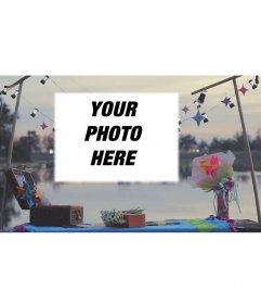 Photo frame featuring a folky party along the riverside with colorful decorations