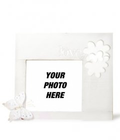 White picture Frame for romantic photos with a butterfly and decorative flowers around. You can also add text to your photo online easily