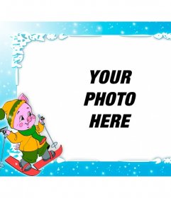 Personalized photo frame with a pig skiing, especially for children