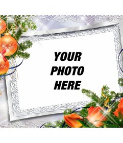 Christmas photo frame with balls and orange flowers