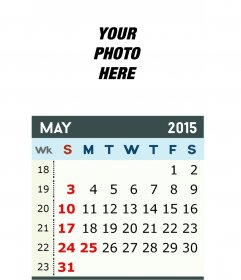 Customizable monthly calendar of May 2015