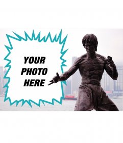 Collage con una estatua de Bruce Lee 