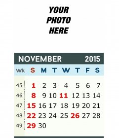 Customizable monthly calendar for November 2015 for the US