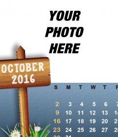 Calendar with illustrated design of October 2016 for your photo