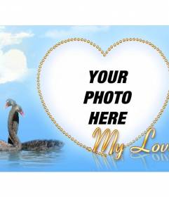 Photo frame with golden heart shaped with two swans embracing