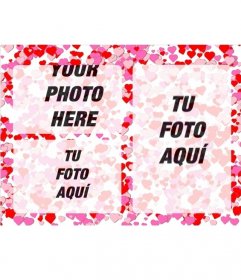 Photo frame for 3 photos of love with little red hearts and roses on white background