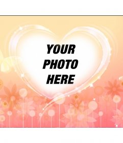 Romantic picture frame with a heart on an orange background with flowers and light halos to put your picture with your love