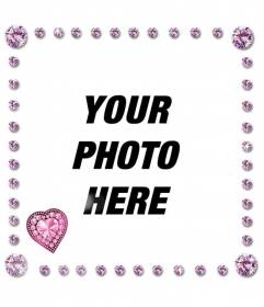 Photo frame with pink rounded shining diamonds and heart shaped with flashes of light